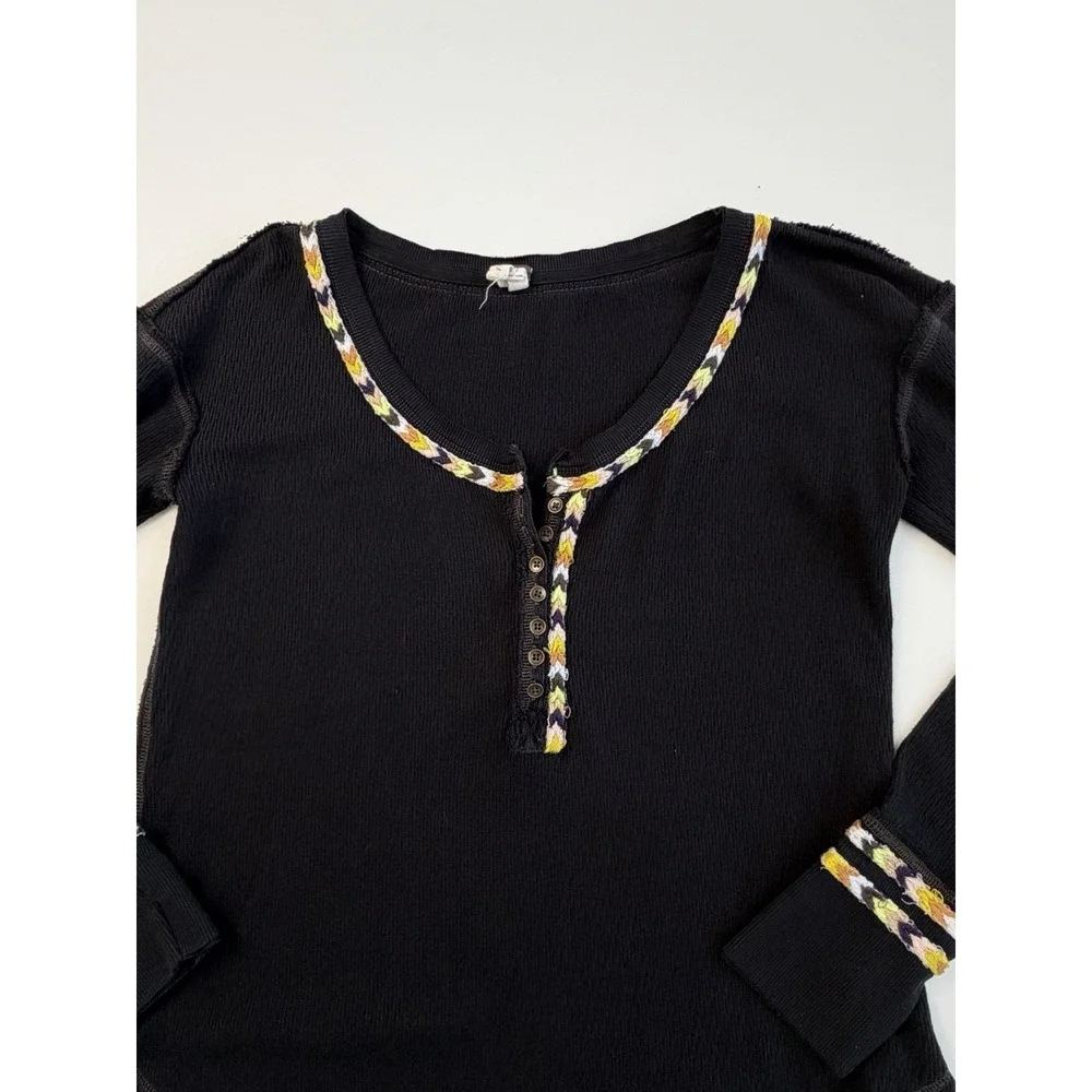 FREE PEOPLE Black Cotton Blend Rainbow Thermal Henley Top S